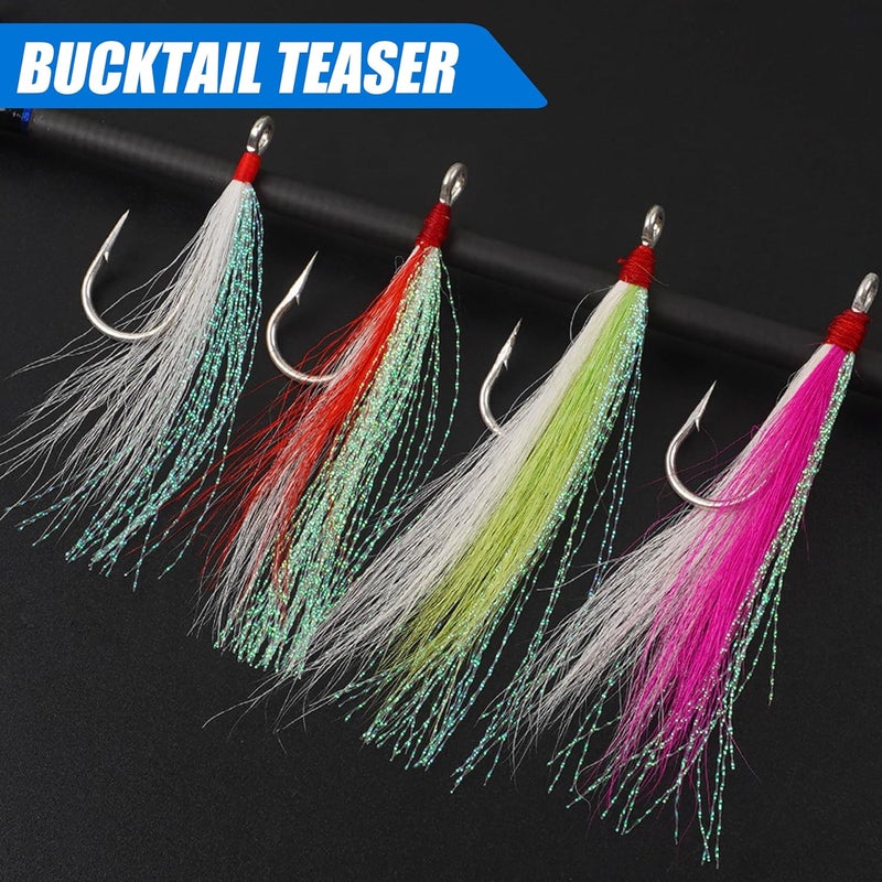 FUSIGO Fishing Bucktail Teasers Hooks Saltwater Flounder Rigs Bottom Rigs Stainless Steel Hook Bucktail Mylar Flash Teasers for Snapper Catfish Cod Flounder Hi-Lo Rigs - Image 5